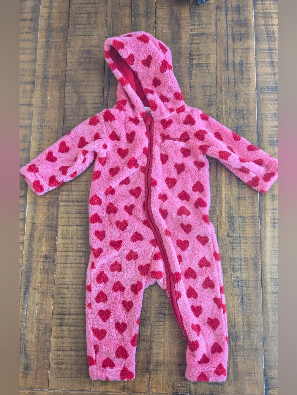 Hanna Andersson Pink & Red Heart Plush Hooded One-Piece Snowsuit 18-24m